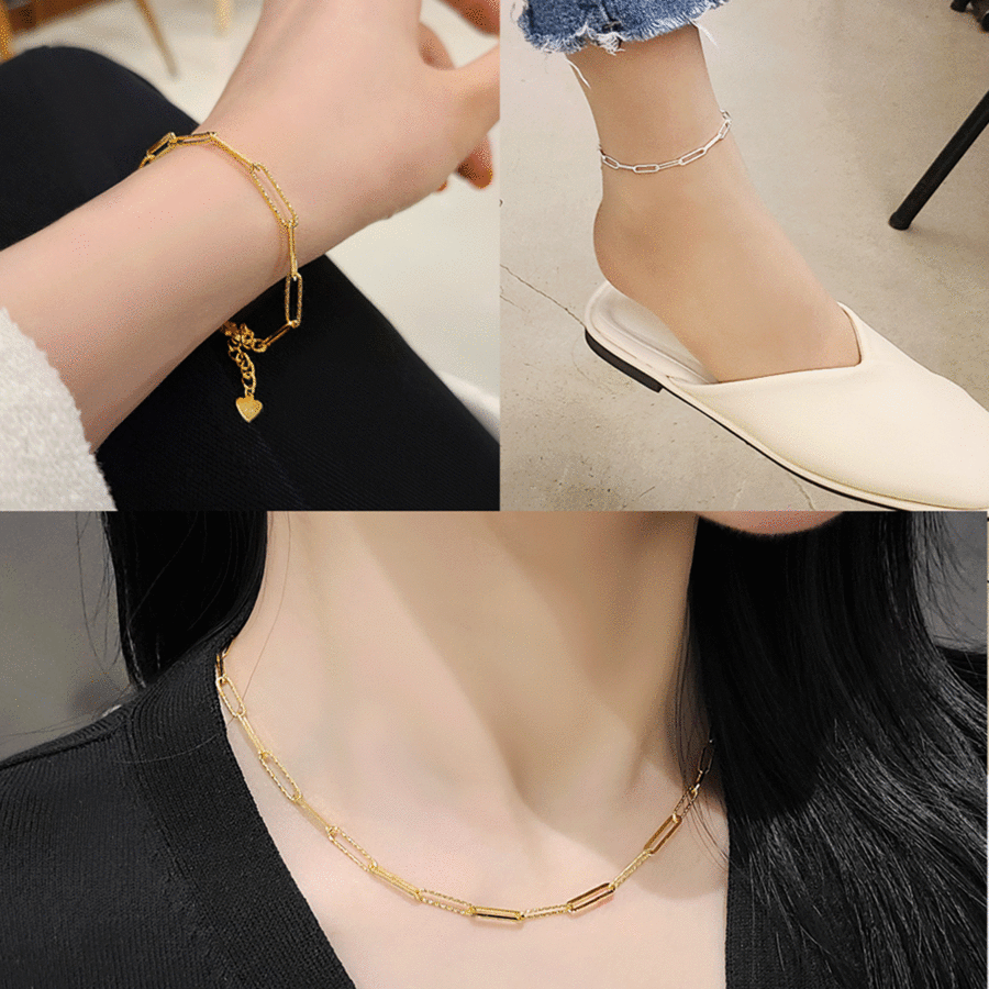 925 Silver Straight Cutting Square Necklace + Bracelet + Ankle Set
