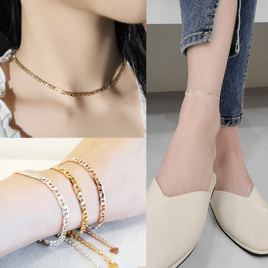 925 Silver Flat Chandal Necklace + Bracelet + Ankle Set