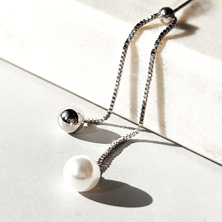 925 Silver Pearl Ball Box Chain Drop Earrings