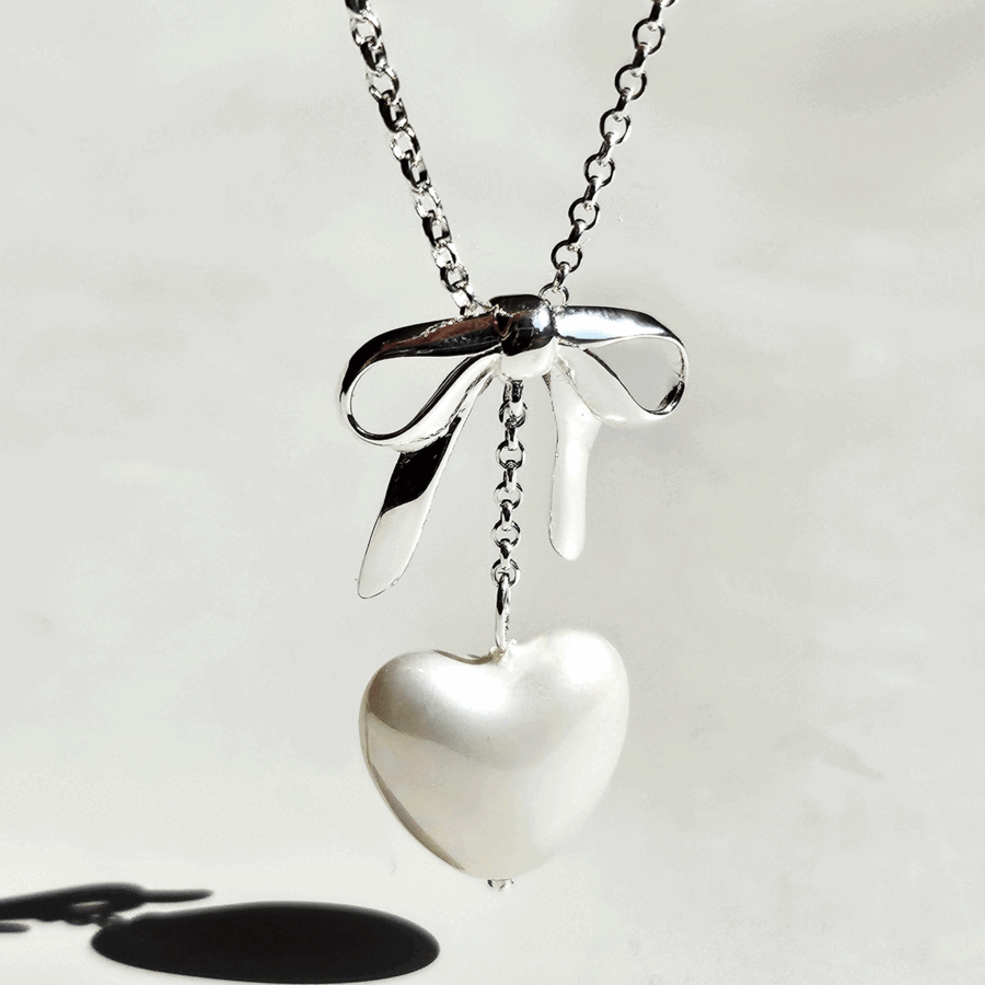 925 Silver Heart Pearl Drop Ribbon Necklace